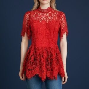 BIGHIT Peekaboo Lace Puff Sleeve Peplum Babydoll Castlecore Blouse